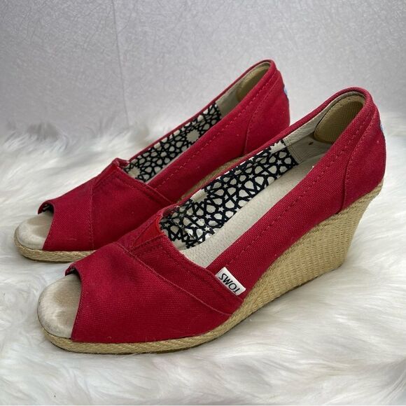 Toms Calypso Red Canvas Peep Toe Wedge Espadrille 10 - Picture 1 of 8